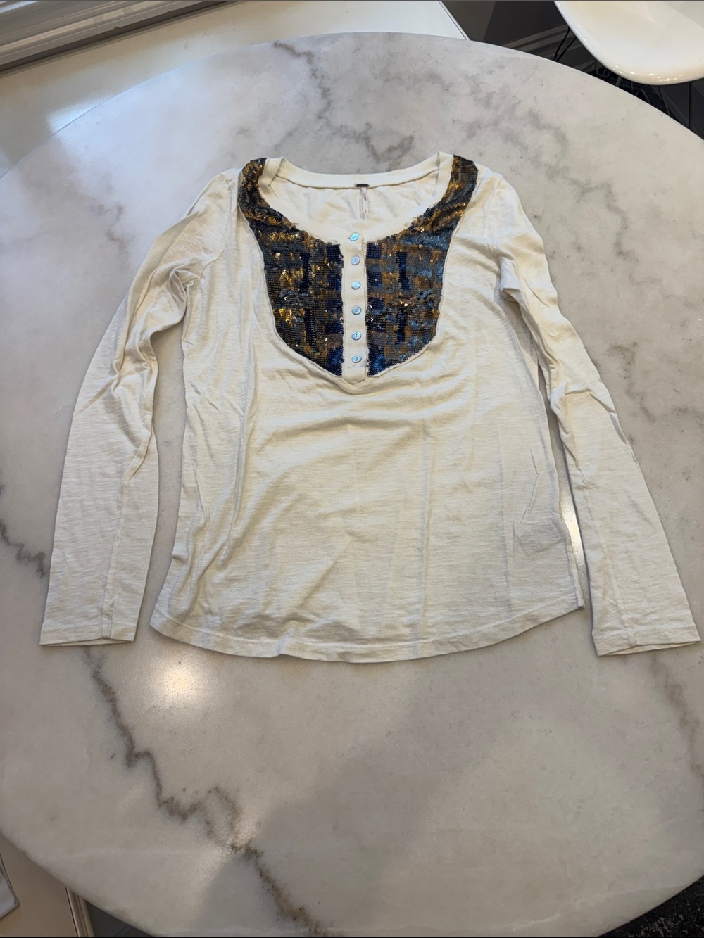 Free People Ivory Long Sleeve Tee with Grey & Gold sequin front